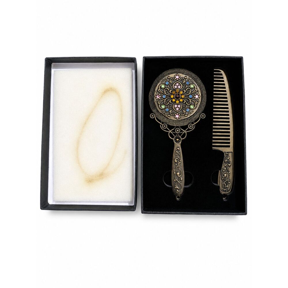 Vintage Victorian Bronze Filigree Handheld Mirror Comb Vanity Set Gift Boxed